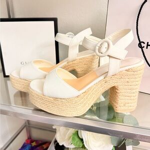 White Platform Espadrille Sandals with Buckle Strap